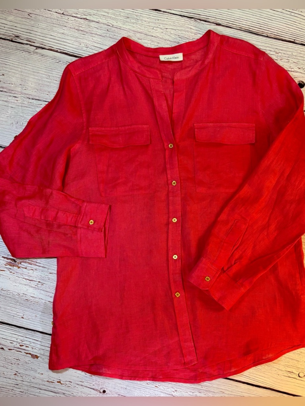 Calvin Klein Womens Blouse Sz L Coral Linen long Sleeves